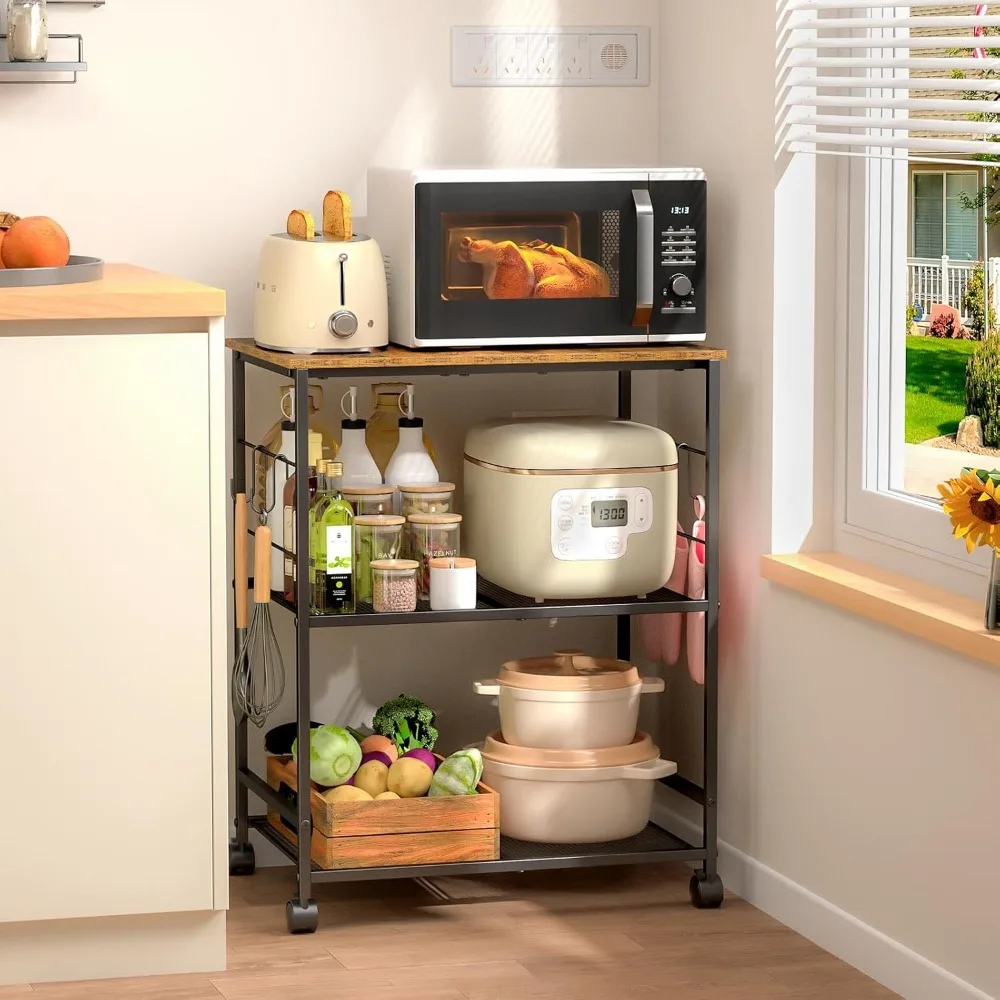 

Rolling Kitchen Microwave Cart, 3 Tier Microwave Table Stand with Storage, Kitchen Utility Cart on Lockable Wheels, Small Coffee