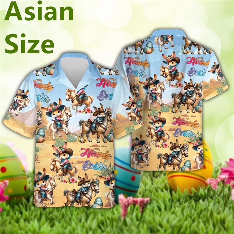 2025 Easter 3D Printed Men's Shirts Funny Cute Cartton Rabbit Eggs Pattern Short Sleeve Lapel Button Casual Shirt Bunny Tops