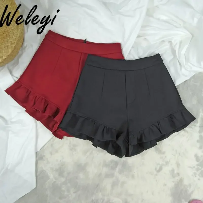 

Fungus Fishtail Ruffle Edge Pleated Short Skirt Pants Woman Autumn and Winter Thin High Waist A-line Large Size Wide Leg Shorts