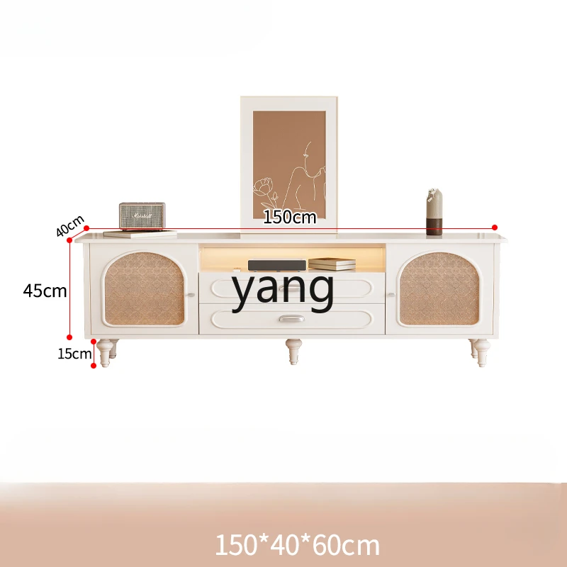 

Yjq Cream Style White TV Cabinet and Tea Table Combination Retro Style Mid-Ancient Living Room Home Small Apartment