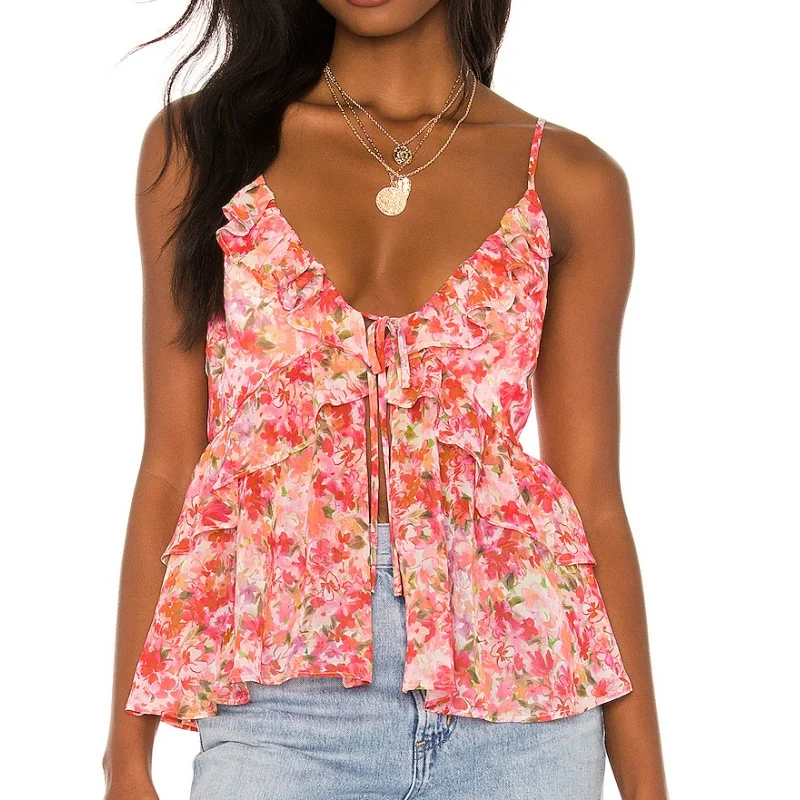 Damski Y2k wielowarstwowy koronkowy wzburzyć Spaghetti pasek Cami Top kwiatowy Print Babydoll Tank Top zwiewny krawat z przodu bez rękawów Camisole