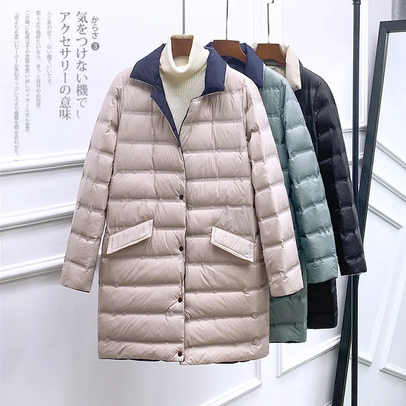 Autumn Winter Reversible Down Jacket Women Warm Light Thin White Duck Down Coat Parka Female Single-breasted Midi Long Outwears