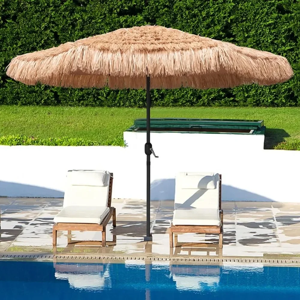 9ft Hula Thatched Tiki Umbrella Hawaiian Style Beach Patio Umbrella and 8 Ribs with Crank Lift UPF 50+ Outdoor Tiki Bar