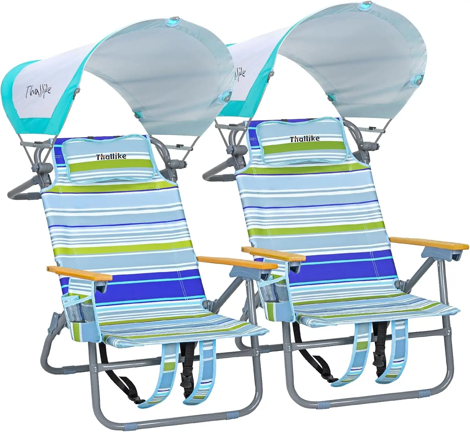 2 Pack Backpack Beach Chairs with Canopy Headrest Cooler Bag Cup Holder Towel Bar 5-Position Recline Wooden Armrests Aluminum Fr