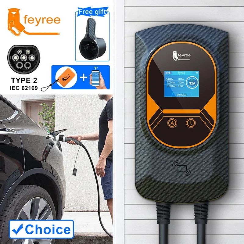 EVSE Wallbox Type2 Cable 32A 7.6KW EV Car Charger 11KW 22KW 3 Phase Charging Station APP RFID Cards Control for Electric Vehicle