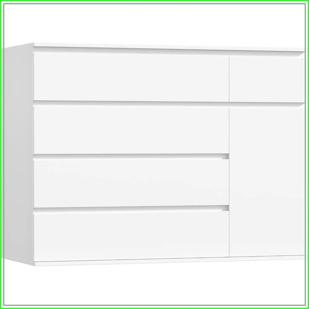 White Dresser for Bedroom, Wide Chest of Drawers with 6 Drawers, Sturdy Wood Storage Cabinet
