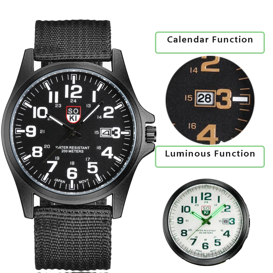 Sports Men's Watches Luminous Calendar Waterproof Fashion Men Quartz Watch Casual Nylon Strap Military Wristwatch for Man Male