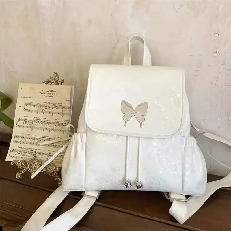 White Ballet Style Women Bow Butterfly Patch Large Capacity Backpack Ladies Elegant Gentle Exquisite Mochilas Mujer New