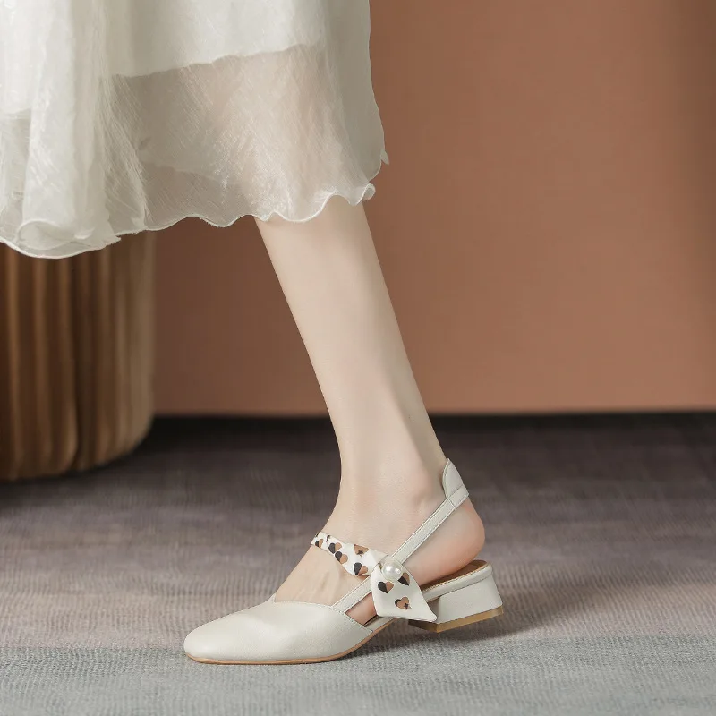 2025 Summer Female Sandal Comfort Shoes for Women Mary Jane Med Clear Heels Girls Retro New Beige Medium Closed Low Casual Riban