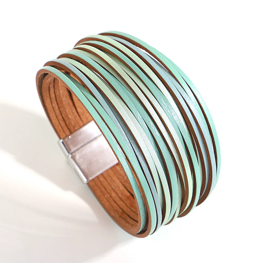 ALLYES Trendy Kleurrijke Lederen Armband voor Vrouwen Mannen Boho Multilayer Slanke Strips Wrap Brede Bangle Armbanden Party Sieraden Geschenken