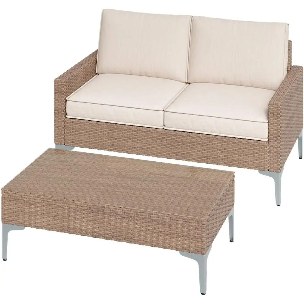 All-Weather Rattan Loveseat Set with Tempered Glass Table for Patio, Porch, Deck, and Backyard in Beige
