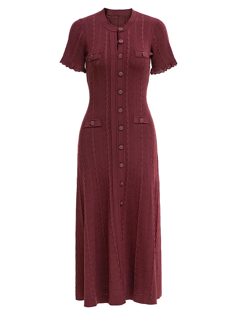 Zomerse elegante dames gebreide enkelknoops lange jurken, effen, korte mouwen, O-hals, knoop, bodycon, feestjurk, damesjurken