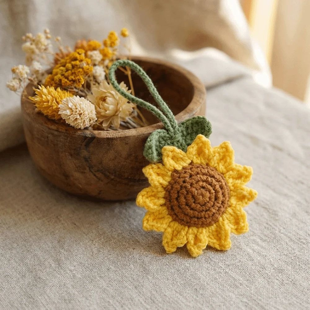 Cute Fabric Crochet Sunflower Pendant With Rope Cotton Knitted Keychain Adjustable Lightweight Bag Lanyard Charm Backpack Decor