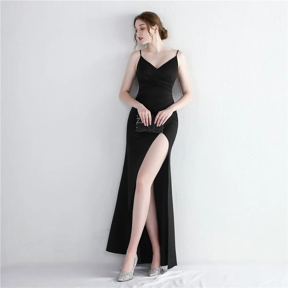 

New Satin Long Dress With Suspenders And Slits For Ladies Dinner Slim Temperament Fashion Atmosphere Fishtail Skirt Host