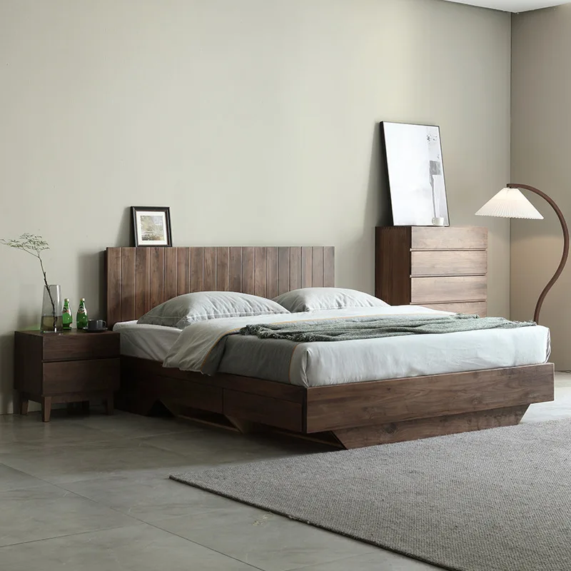 Black walnut high box bed storage all solid wood double master bedroom wedding bed 1.8 meters