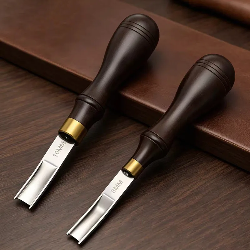 Ebony Wood Handle D2 Steel Leather Skiving Tool, Wide Edge Beveler Trimmer, 4/6/8/10mm Sizes Optional DIY Leather Craft Tool