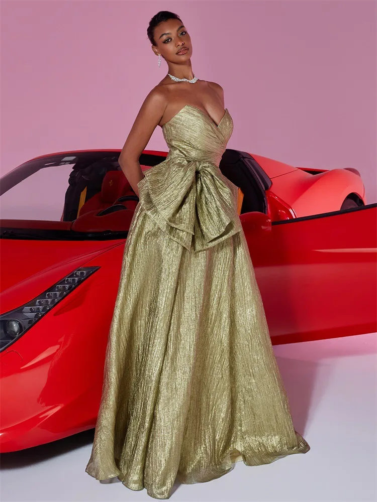 ใหม่หรูหราด้านบนโบว์ทองชุดราตรีผู้หญิงยาว A-Line ชุดงานแต่งงาน Maxi ค็อกเทลน้องสาวชุด