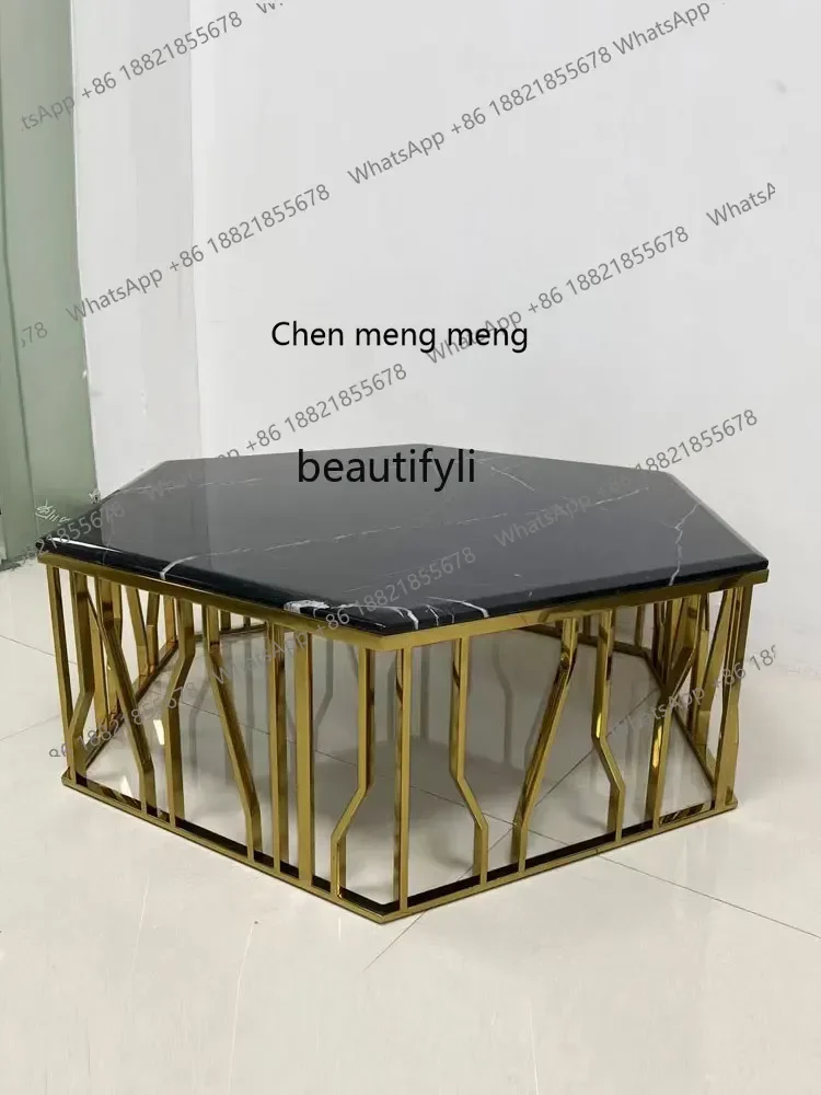 178Rose gold hexagonal coffee table tempered glass living room tea table light luxury stainless steel coffee table2936