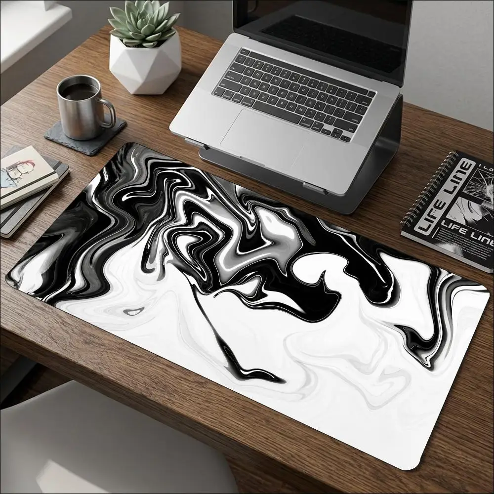 Black White Fluid Marble Pattern Extra Large Desk Mat Non Slip Rubber Gaming Mouse Pad For Minimal Abstract Studio Work Desk