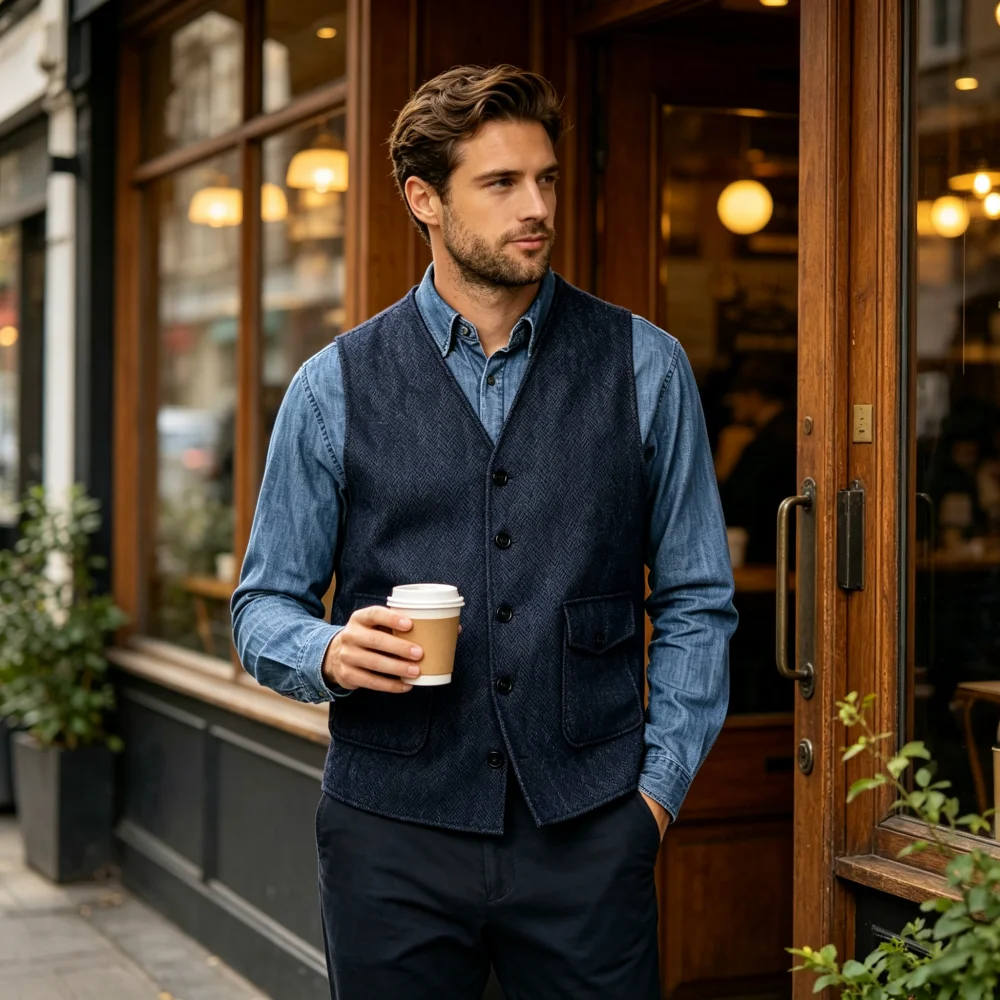 Mens Herringbone Tweed Suit Vest  V-Neck Single Breasted Sleeveless Classic  Herringbone Vintage  Waistcoat For Wedding