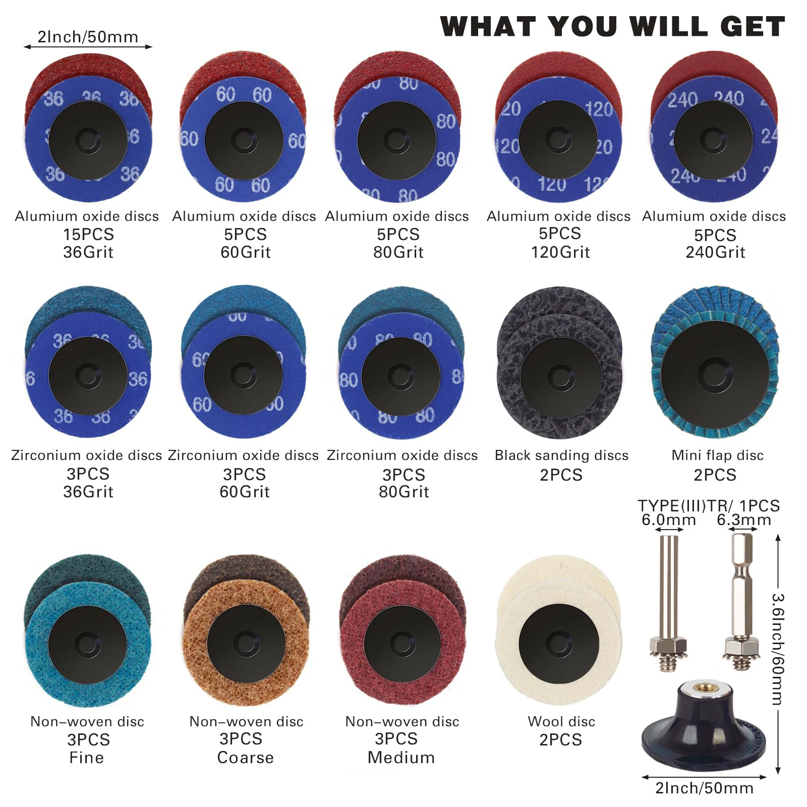 60Pcs Sanding Discs Set 2 inch Quick Change Disc with 1/4 inch Holder Surface Conditioning Disc for Die Grinder Surface Strip