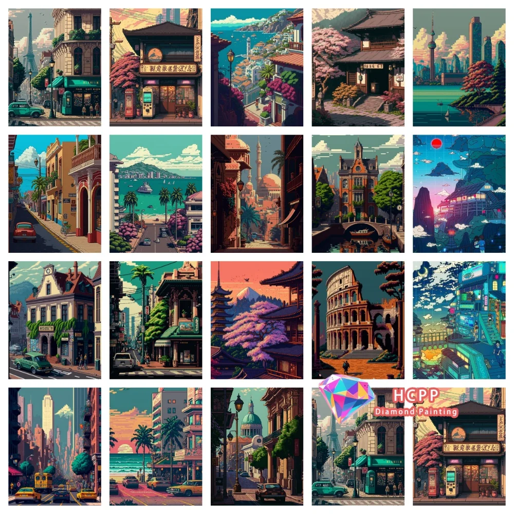 Stadt-Pixel-Straßenlandschaft Diamant-Malerei-Set Quadratische Runde Diamanten 5D DIY Mosaik Handgemachte Kunst Einzigartiges Geschenk Handwerk Heimdekoration