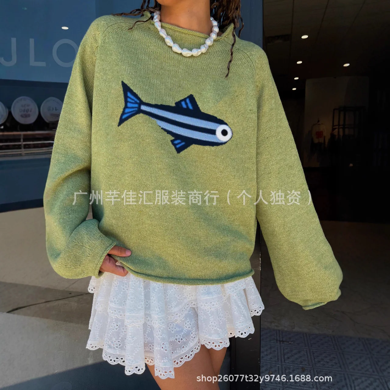 

2025 Women Fall Winter Sardine Knitted Sweater Y2K Aesthetic Fish Pattern Print Women Casual Loose Knitwear Pullover Tops
