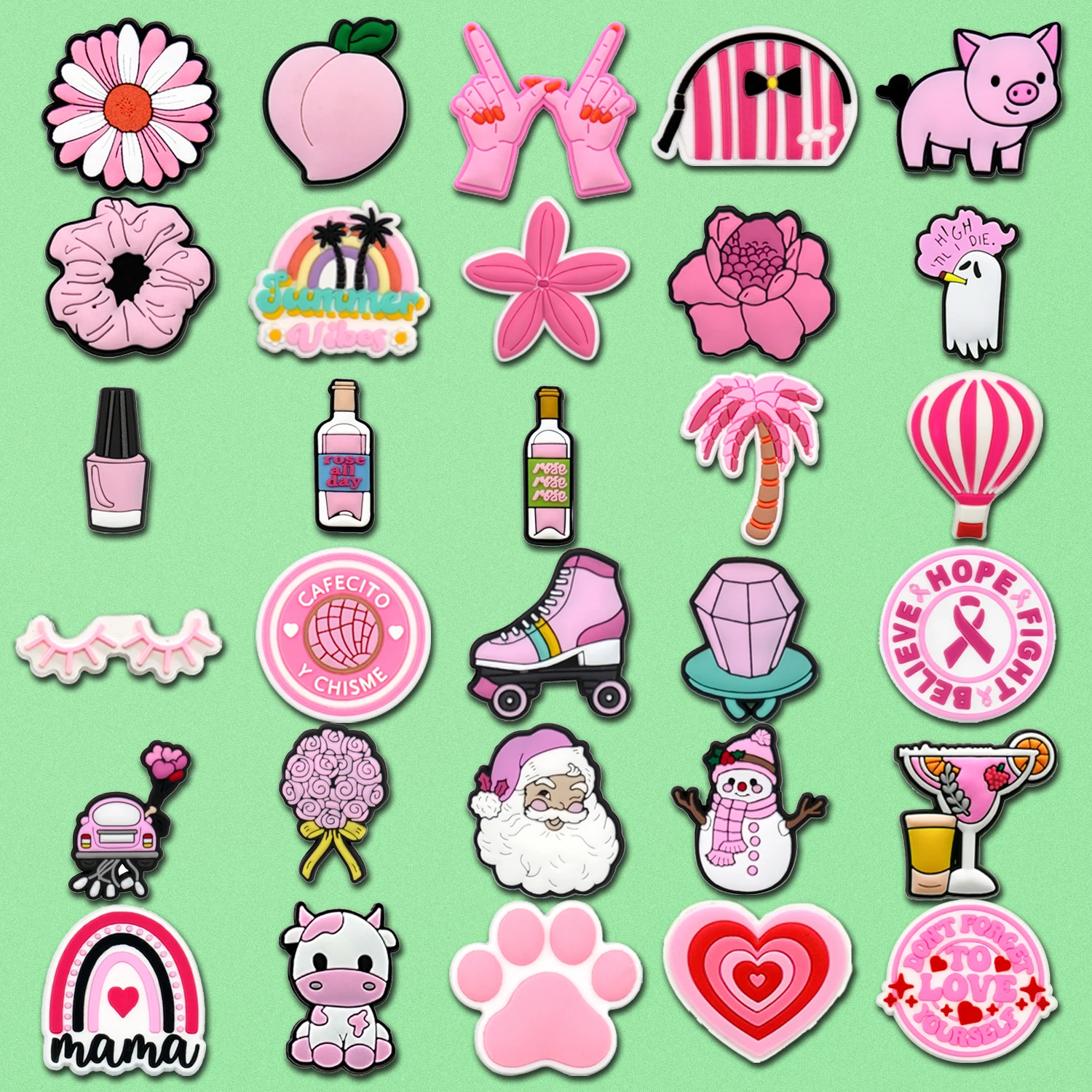 

1/30pcs Pink Shoe Accessories for Women Girls Cosmetics Hair Band Rainbow Shoe Charms Flower Pig Cow Garden Sandals Decoration