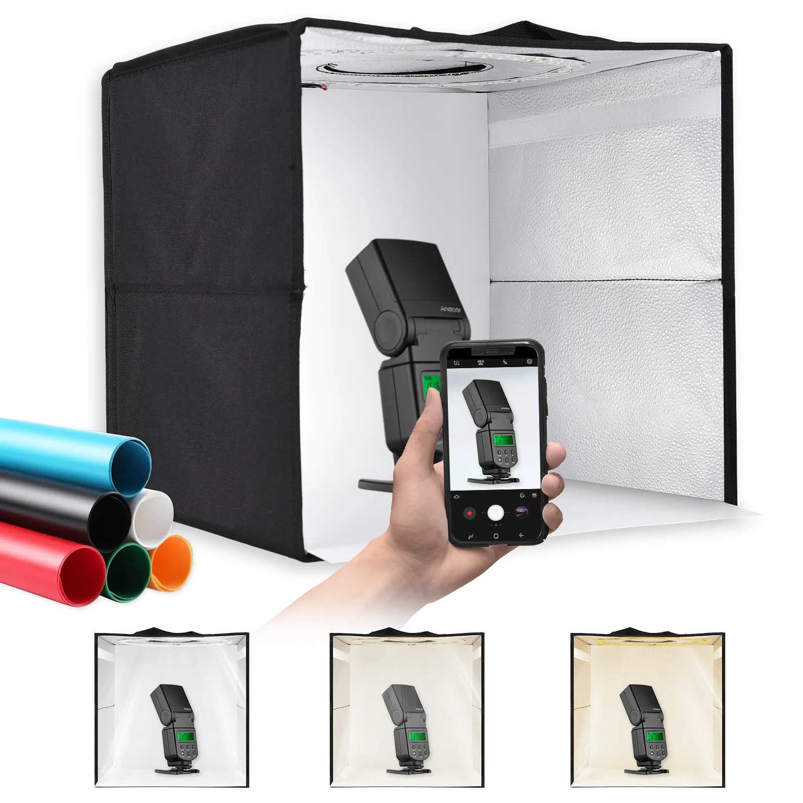 

Andoer LED Light Tent Folding Desktop Photo Studio Light Box 3200-6500K USB Powered with 6pcs Color Backdrops for Small Product