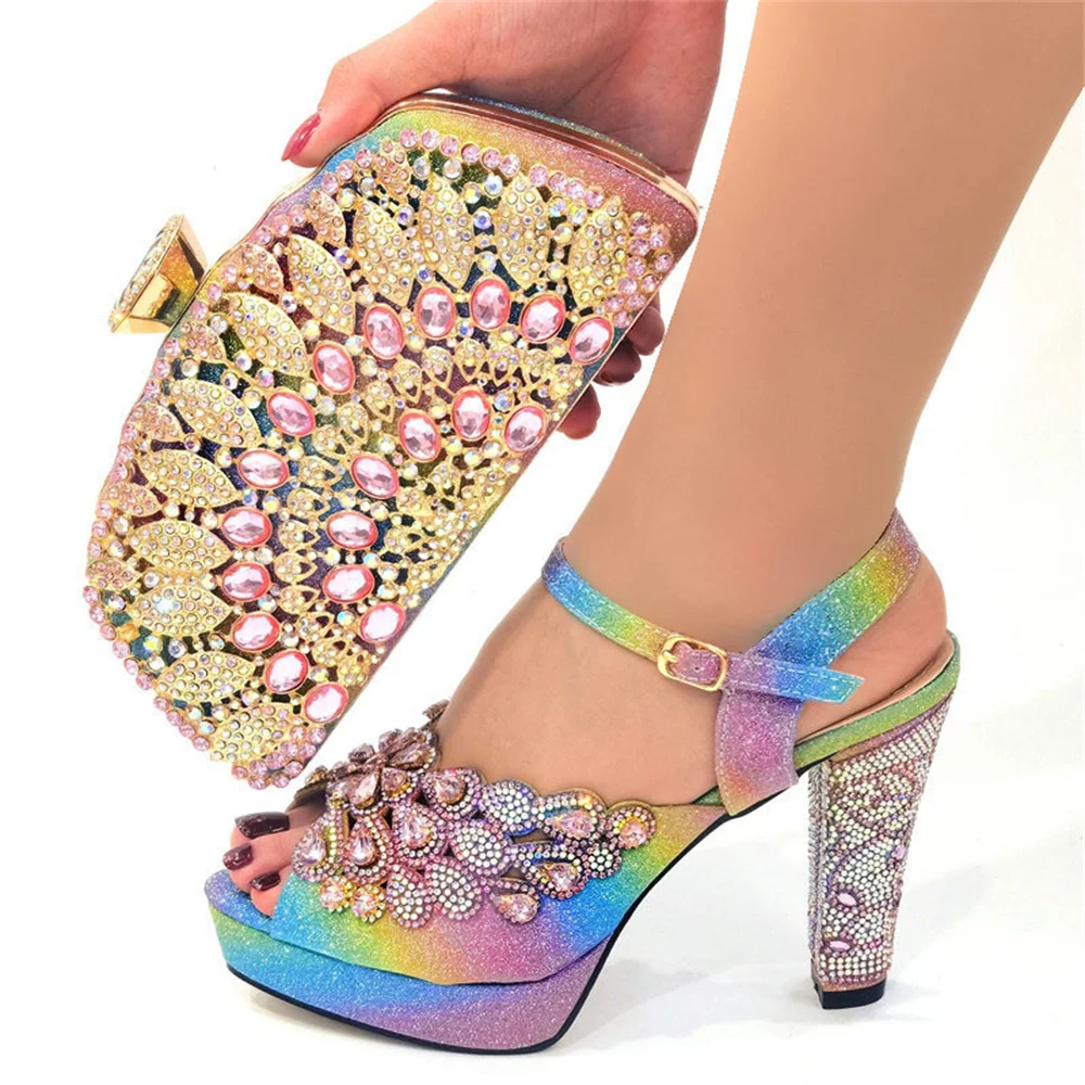 Rainbow High Heels Women Shoes And Purse Bag Set Fashion High Heels Sandals Match With Clutch Handbag Pumps Clutch CR178 11.5cm