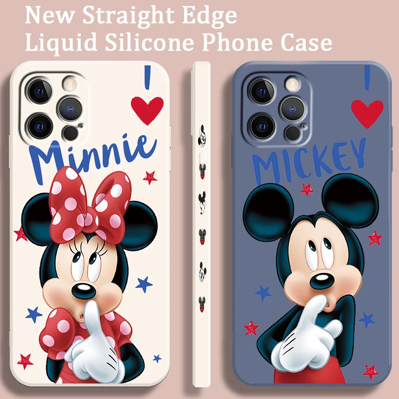 Minnie Mickey Cartoon Disney Liquid Left Rope For Apple iPhone 15 14 13 12 11 XS XR X 8 7 SE Pro Max Plus Mini Soft Phone Case