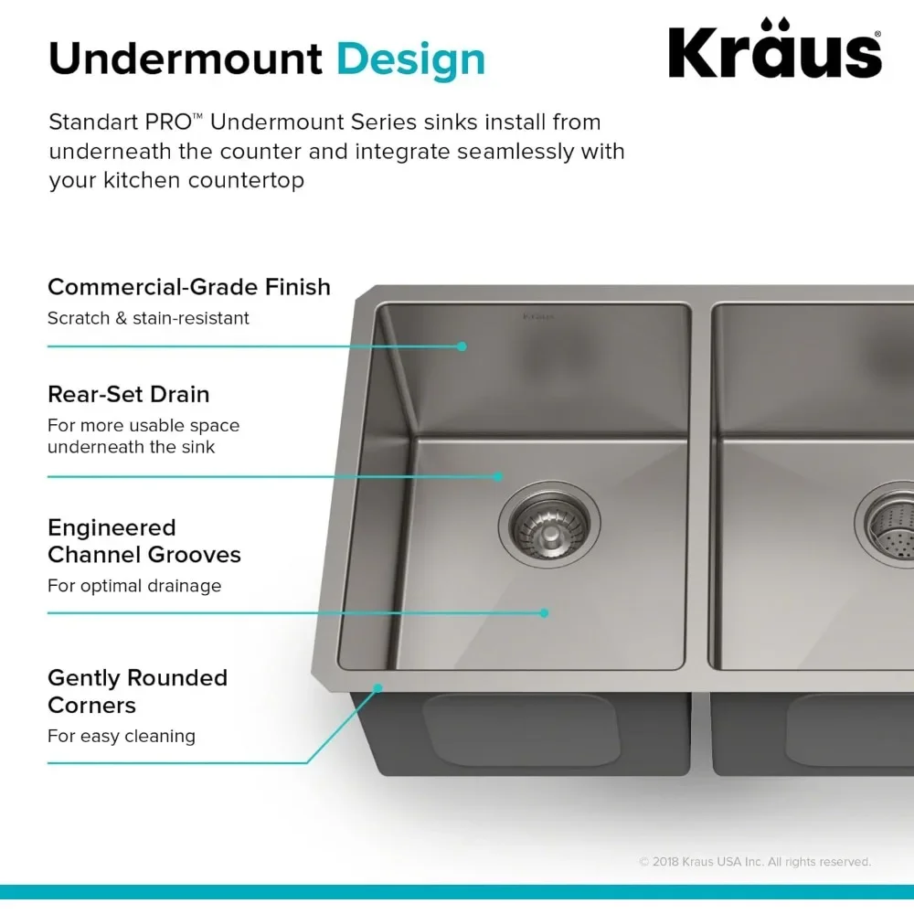 Standart PRO 33 بوصة 16 مقياس Undermount 60/40 وعاء مزدوج من الفولاذ المقاوم للصدأ، KHU104-33