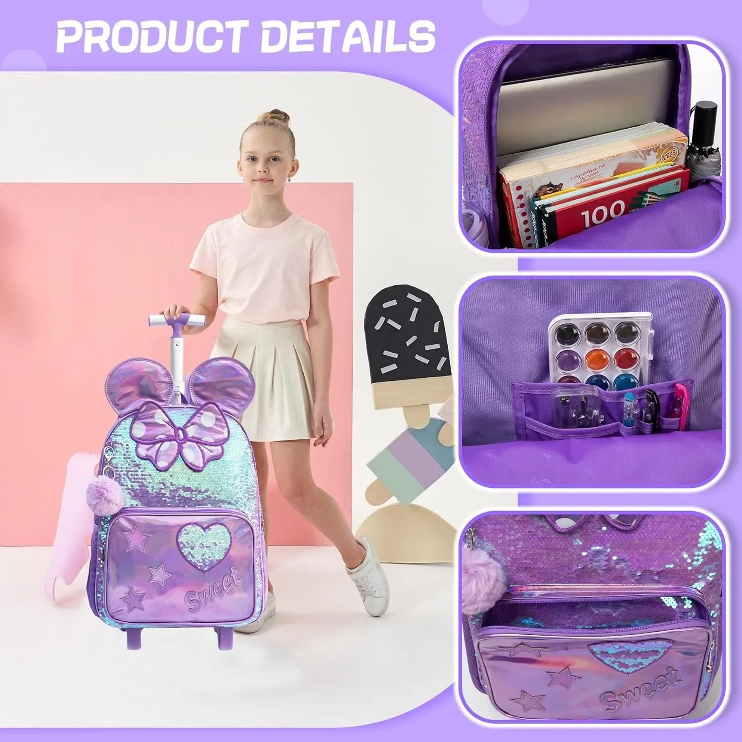 School Bags 3PCS Cute Girls Rolling Trolley Backpack Primary Children Backpacks Girl with Wheels Back To School Student Bags