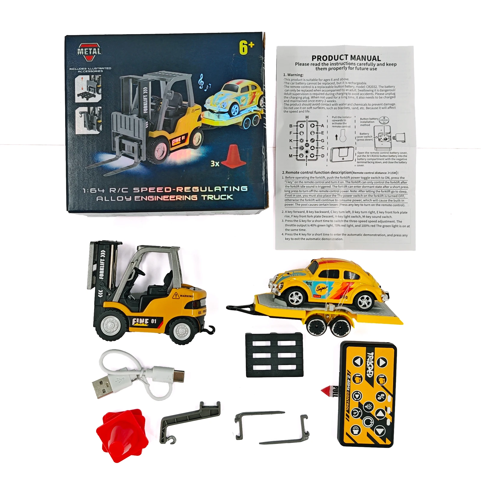 1/64 RC vorkheftruck 2-modus mini-afstandsbediening vorkheftruck 2-in-1 transformeerbare liftvork en haak met licht en geluid voor kinderen