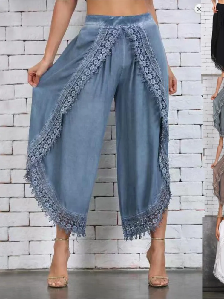 Damskie spodnie z koronką, luźne, w jednolitym kolorze, typu haremki, na plażę, lekkie, odzież damska, wiosenne, letnie, vintage.