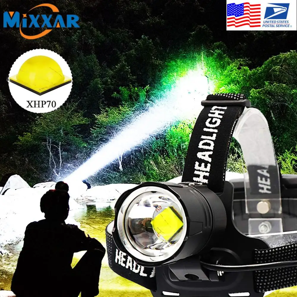 ZK20 Dropshipping XHP70 LED Flashligt Rechargeable Outputable Head Flashlight 3 Modes Zoomable Waterproof Headlight