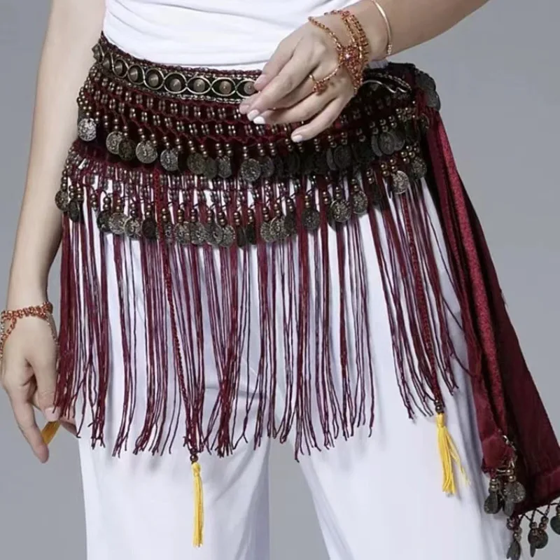 

2025 Belly Dance Waist Scarf Set | Performance Fringe Hip Wrap with Ethnic Waist Chain, Indian Vintage Style Dance Accessories