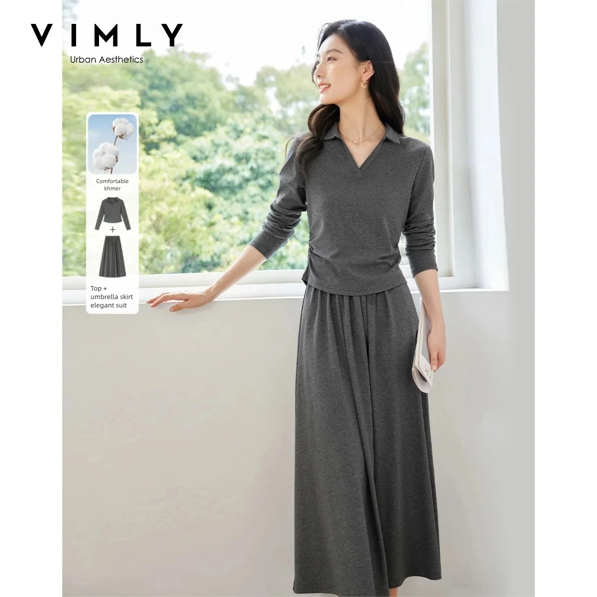 Conjunto de Falda y Camiseta Gris VIMLY para Mujer, Otoño 2026, Nuevo, Algodón, Cuello Polo, Manga Larga, Falda Larga en Línea A, Conjunto de Dos Piezas M8617