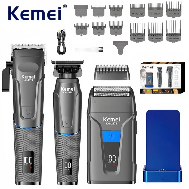 

Kemei KM-2375 Professional Salon Care 3-Piece Set, Hair Clipper and Shaver Kit, USB Rechargeable with Dock, Electric Trimmer