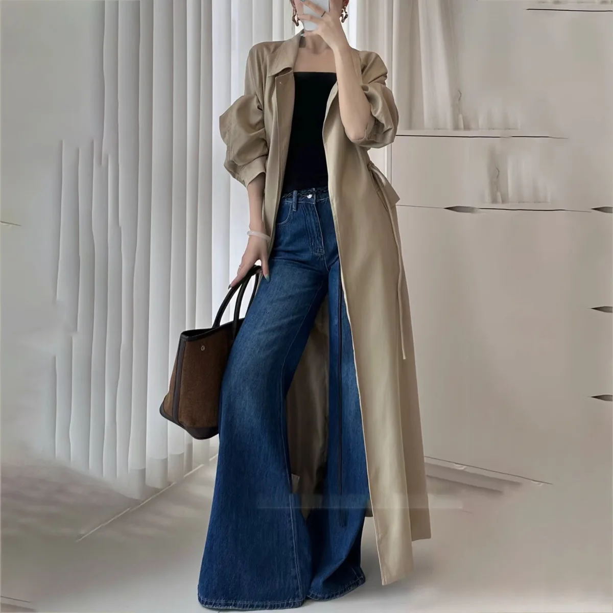 KWTX Damen-Trenchcoat, lang, Frühling 2025, Gürtel an der Taille, Kordelzug, schick, elegant, schmale Passform, lässig, schick, bequem, Premium-Qualität