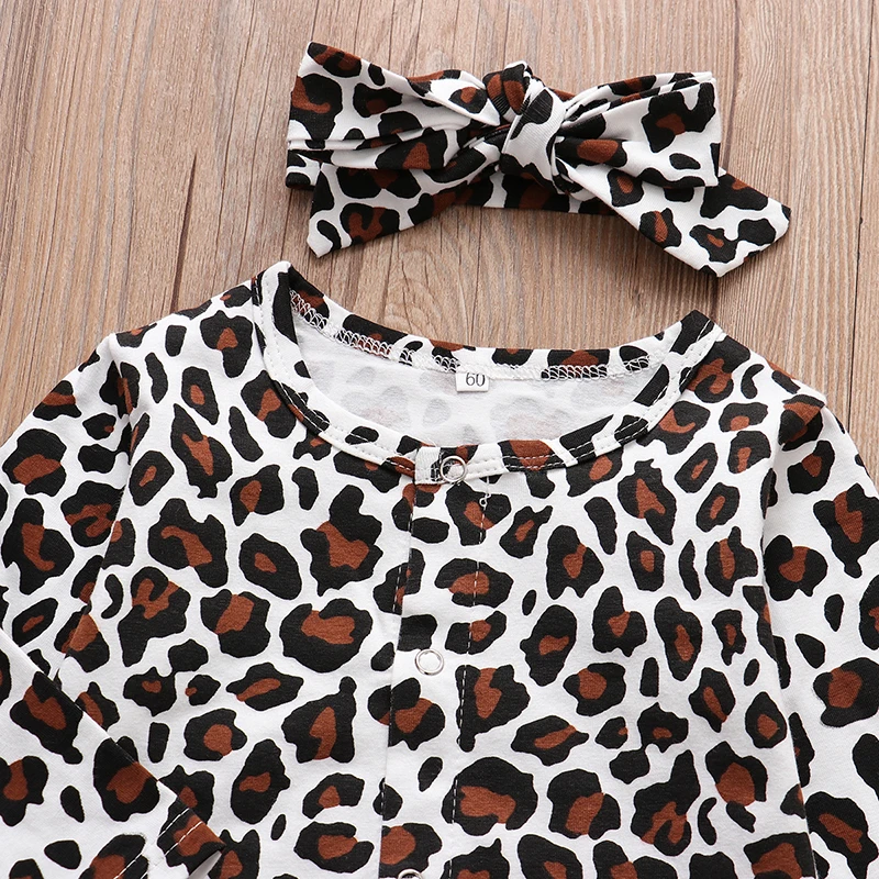 Spring Autumn Newborn Baby Girl  Infant Clothes Cotton Leopard Romper Long Sleeve+ Headband Jumpsuit 2Pcs Toddler Clothing Suit