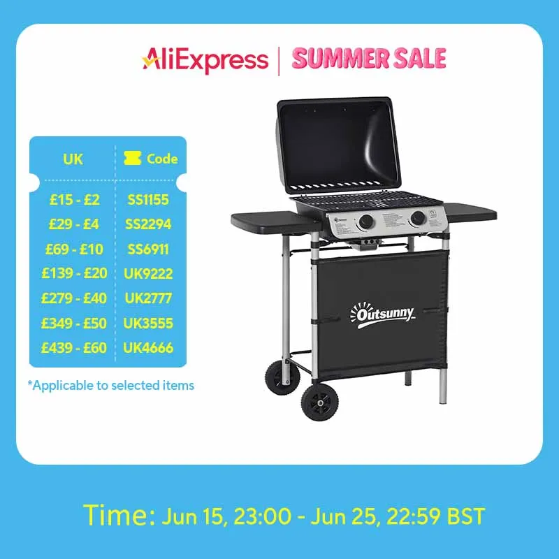 Outsunny-Parrilla de Gas propano para barbacoa, 2 quemadores, 5,6 kW, con estantes laterales