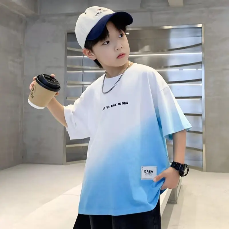 

Summer Boy T-shirt Color blocking gradient sports top Water Washed Gradually Dyed Tees Breathable Top High Quality Kids Clothes