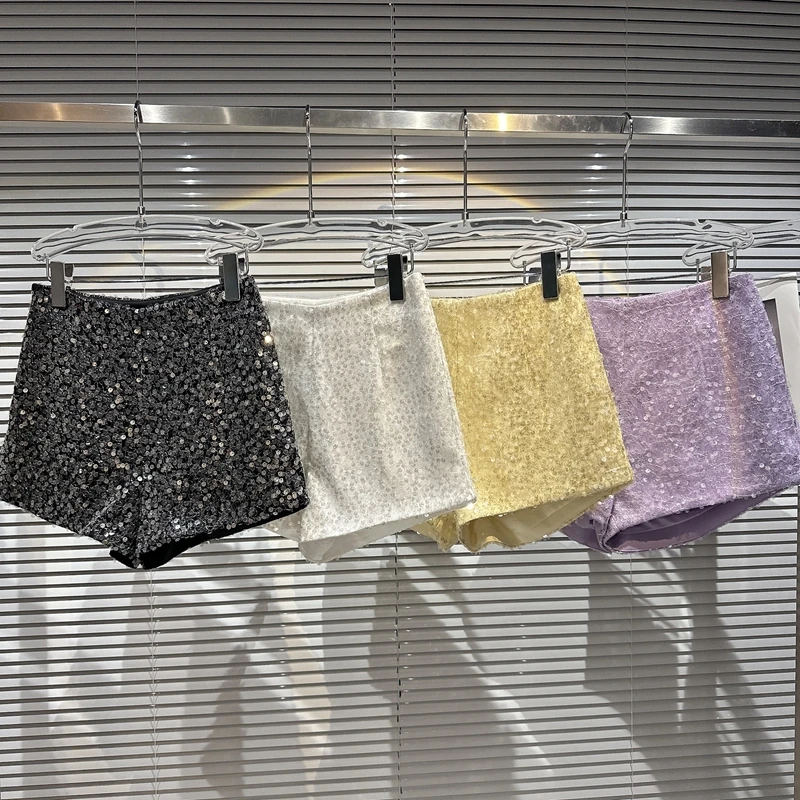 

New Clubwear Shorts Ladies Sexy Sequins Shorts Loose High Waist Streetwear Wide Leg Short Pants Sliver Black Women Clothing