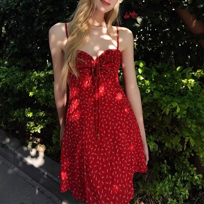 

Vintage Hotsweet Broken Flowers Slip Dresses Summer A-Line Female Clothing Vacation Style Folds Fashion Drawstring Mini Dress