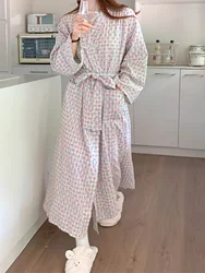 Korean Robe Women Kimonos Cute Heart Bathrobes Long Pajamas Lady Kimono Bathrobe Gown Nightgown Home Clothes Soft Home Clothing