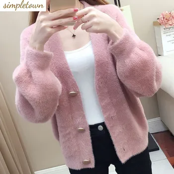 용수철 여성용 플러시 카디건 재킷, 느슨한 니트, 한국 버전, 게으른 스타일 상의, 짧은 스웨터, 신상 