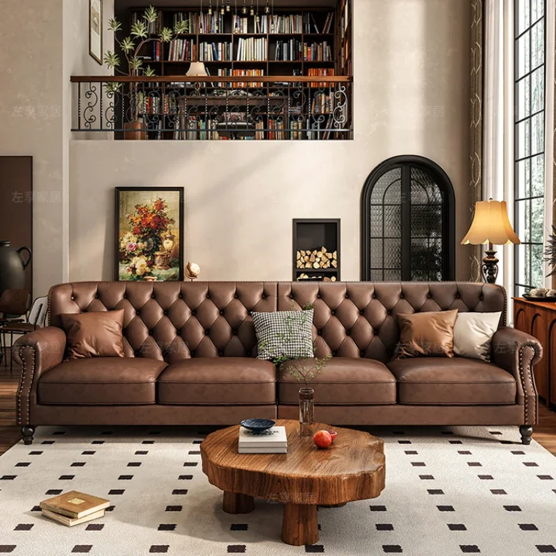 American Retro Sofa Fancy Leather Small Apartment Buckle Sofa First Layer Cowhide Canape Salon Furniture Couch