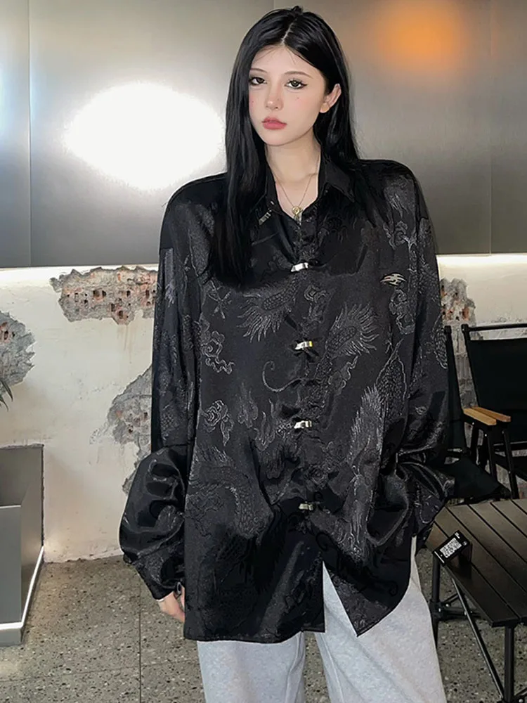 SONNEESD Spring Summer Chinese Style Diablo BF Streetwear Profile Shirt Vintage Single-Breasted Harajuku Printing Blouses Shirt