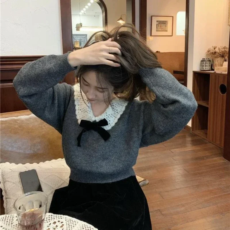 Deeptown Korean Style Sweaters Women Kawaii Sweet Elegant Knited Pullovers Grey Bow Vintage Patchwork Autumn Winter Sweaters